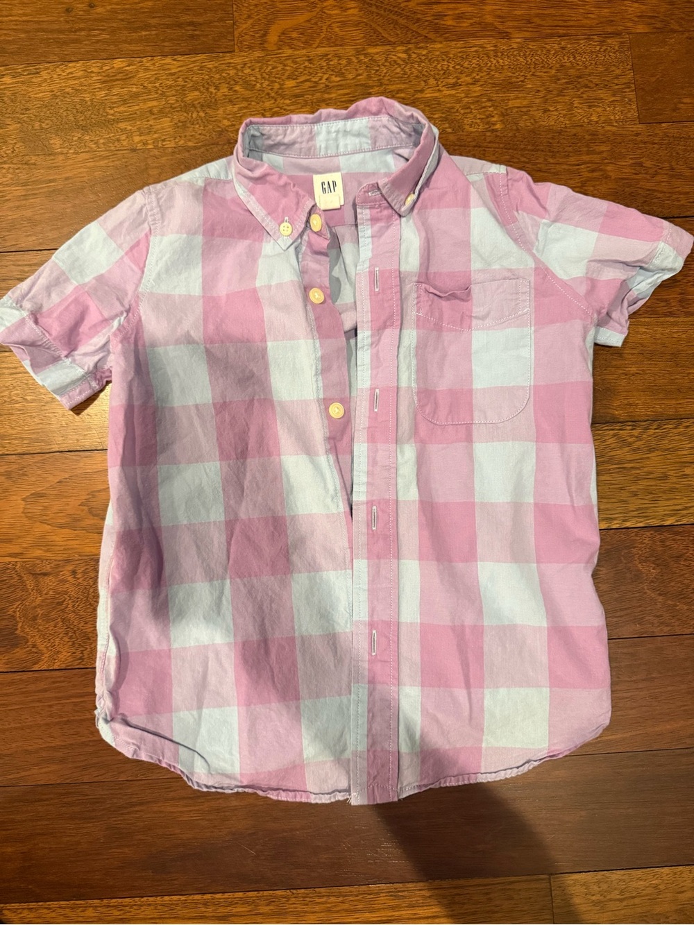 GAP Pink and Blue Gingham Short-Sleeve Button-Down Shirt